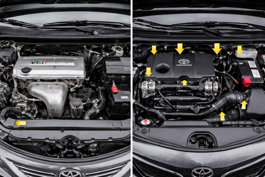 Toyota engine bay comparison showing older VVT-i setup vs modern Toyota engine with labeled components and airflow routing details visible