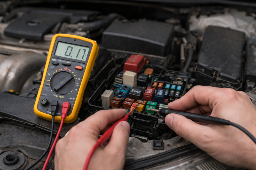 Diagnose if the fuse or alternator is the real problem using a multimeter testing fuse terminals in a car fuse box accurately
