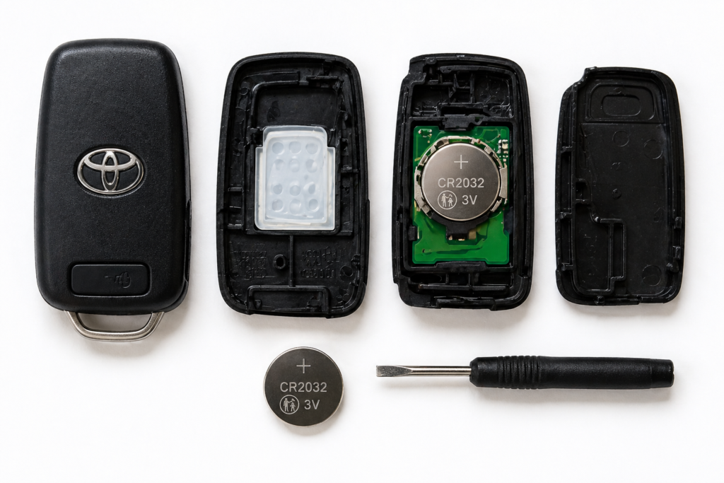 How to replace a Toyota Camry key fob battery with open fob, CR2032 battery, small tool, and clean flat lay setup.