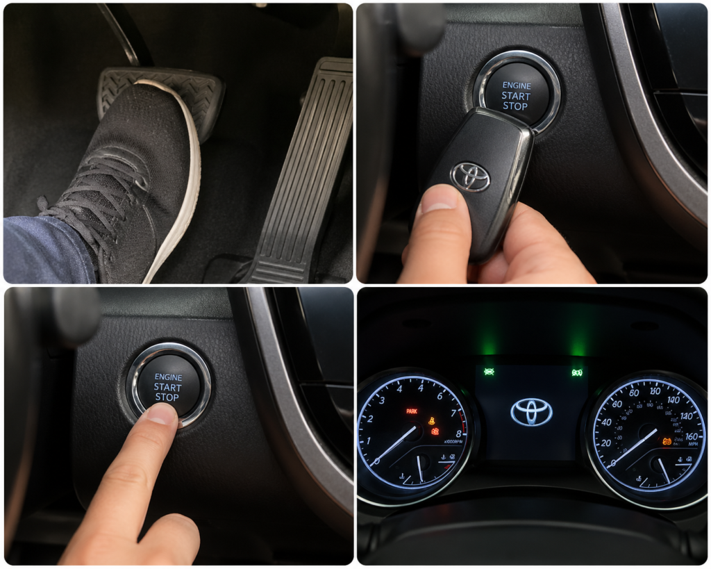 How to Start a Toyota Camry Without a Key Fob shown in four real-life steps: brake press, key to start button, push start, dash on.