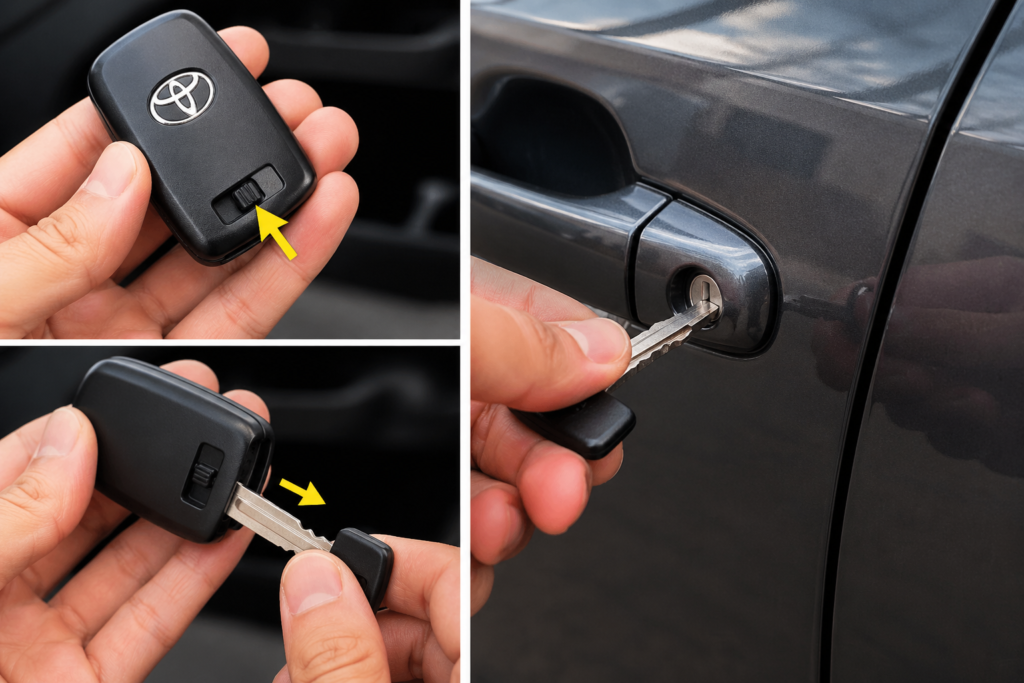 How to unlock Toyota Camry without key fob using hidden mechanical key from fob and inserting it into door lock manually