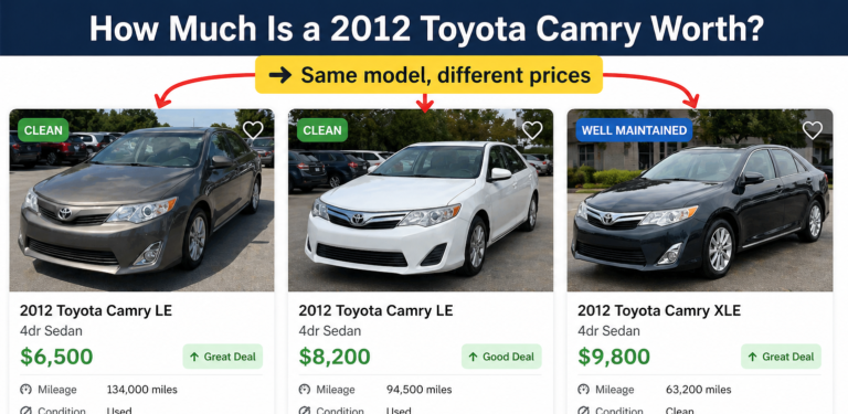 How Much Is a 2012 Toyota Camry Worth? used car listing comparison showing price, mileage and condition differences clearly