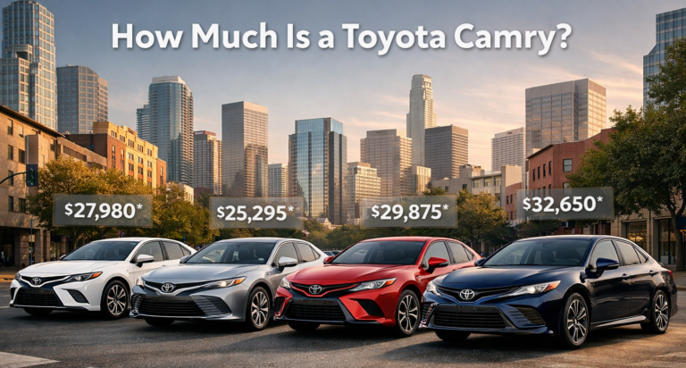 How Much Is a Toyota Camry? lineup on city street showing new and hybrid models with price tags highlighting different trim costs clearly