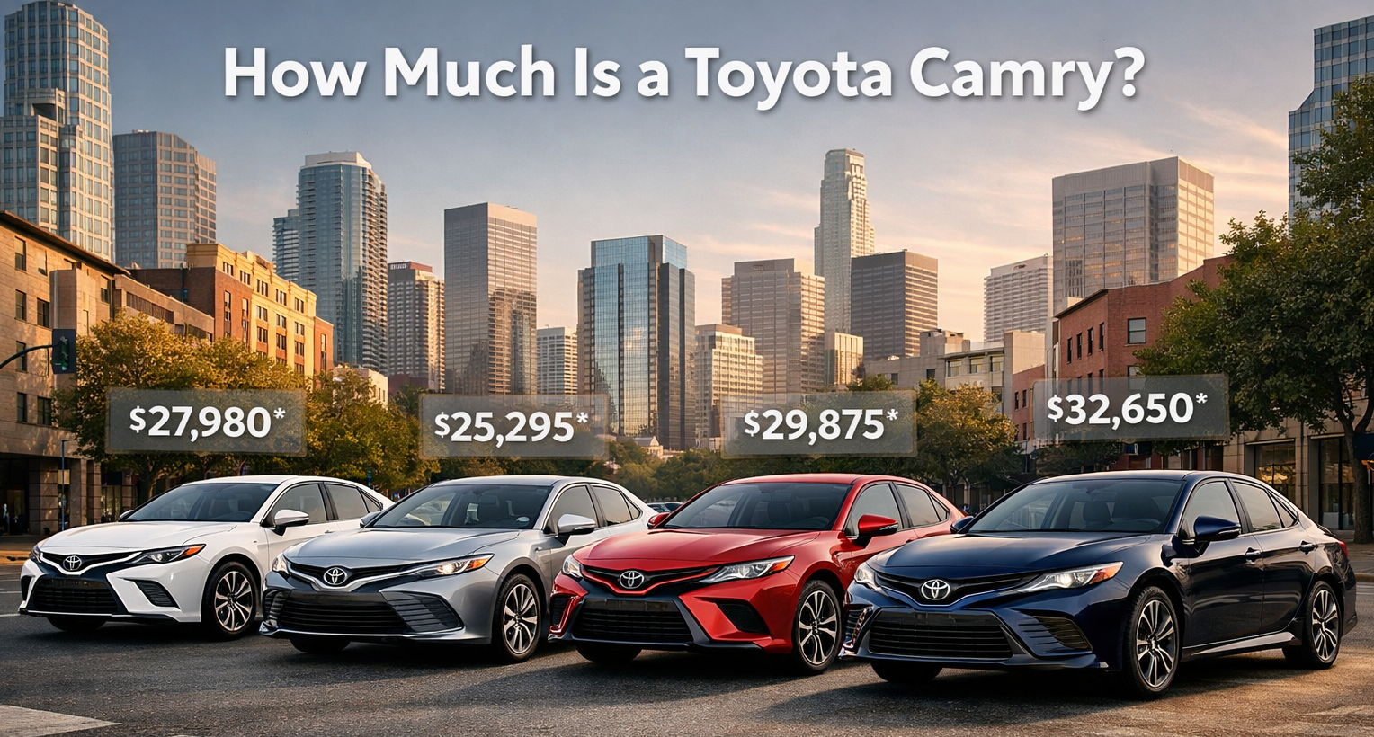 How Much Is a Toyota Camry? lineup on city street showing new and hybrid models with price tags highlighting different trim costs clearly