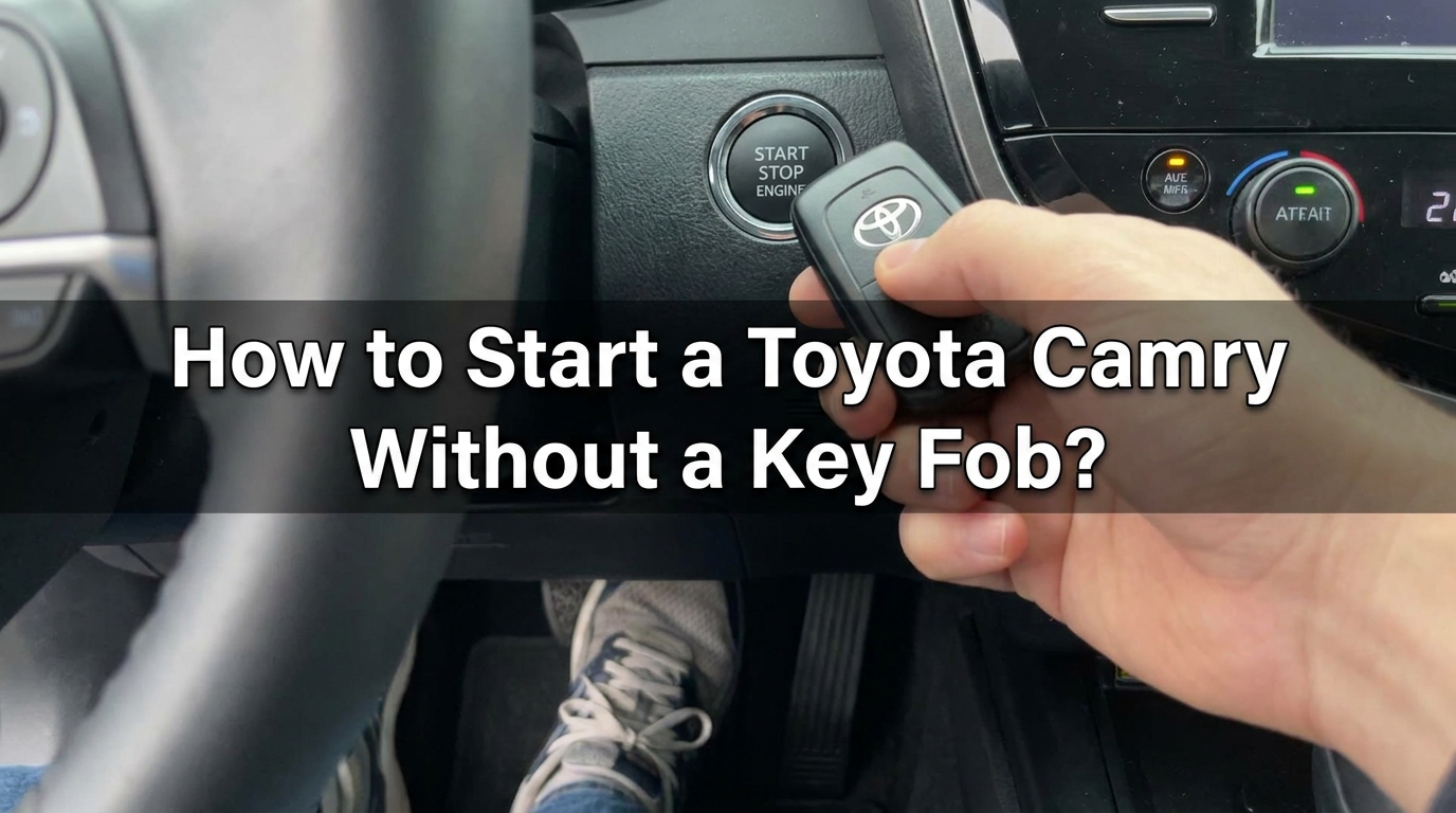 How to Start a Toyota Camry Without a Key Fob shown with key fob near start button, brake pedal pressed, and dashboard view inside car.
