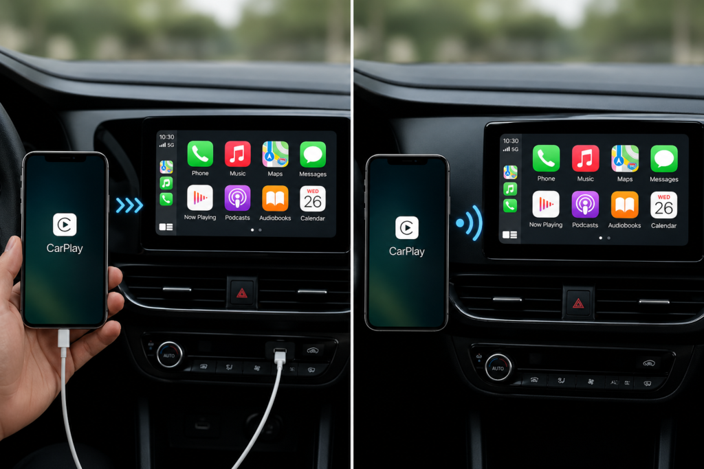 Split view showing iPhone connected via cable for wired CarPlay vs wireless CarPlay with clean dashboard and signal icon connection