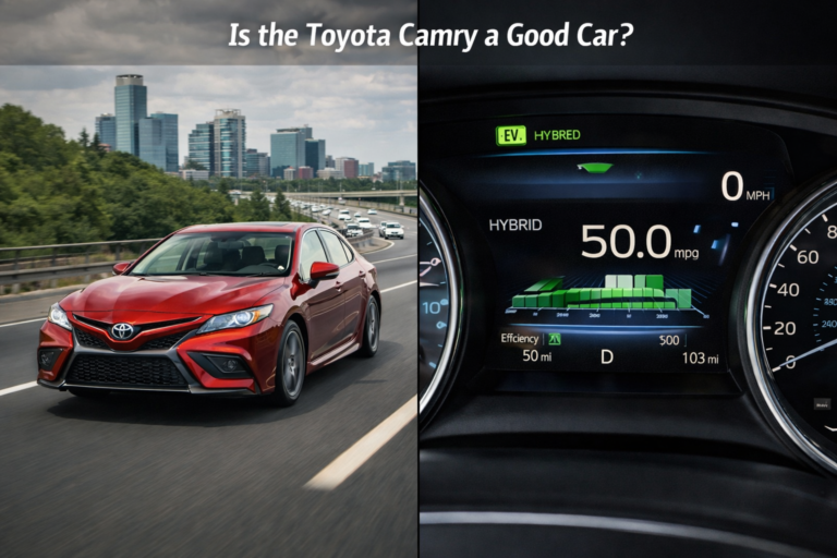 Is the Toyota Camry a Good Car? Split view shows Camry driving on highway and hybrid dashboard with 50 MPG fuel efficiency display