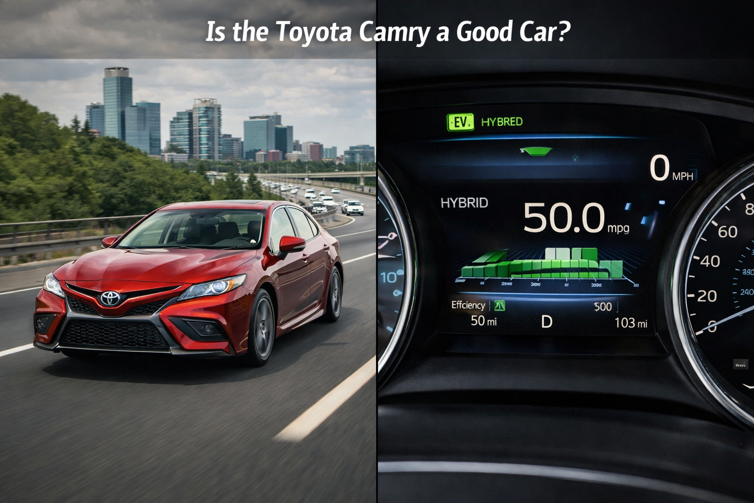 Is the Toyota Camry a Good Car? Split view shows Camry driving on highway and hybrid dashboard with 50 MPG fuel efficiency display