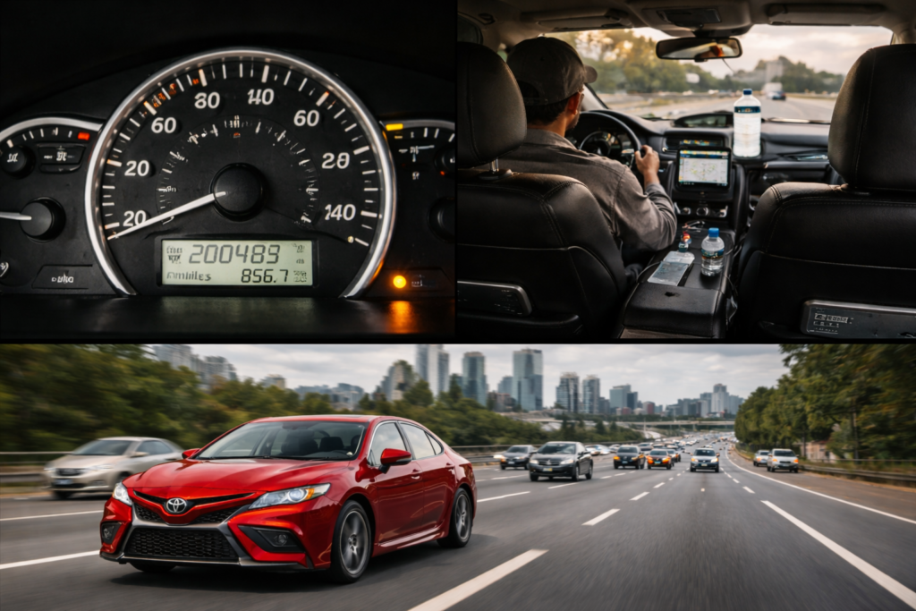 Toyota Camry high mileage 200K odometer with taxi interior and smooth highway driving scene showing real world durability and comfort
