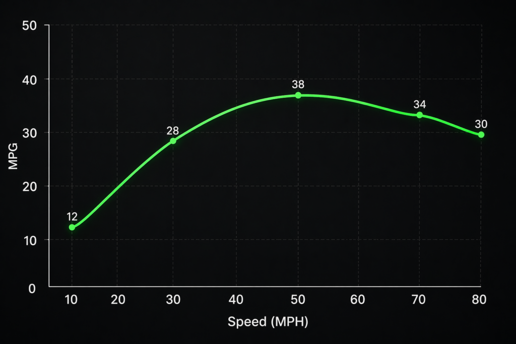 Toyota Camry MPG graph showing city vs highway efficiency, speed vs fuel economy curve with peak MPG at mid speeds and drop at high speed