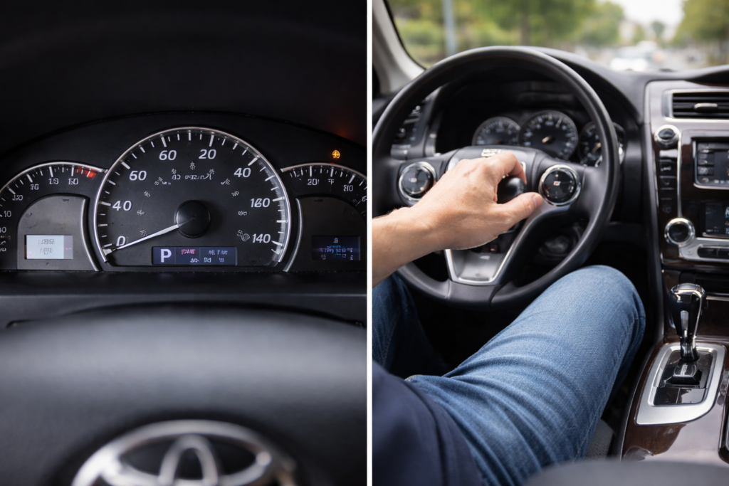 What Are The Honda Accord Trim Levels? split image showing Camry dashboard and driver shifting gear indicating transmission fluid issue signs