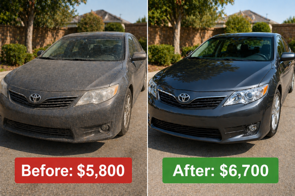 2012 Toyota Camry resale value comparison showing dusty $5,800 before detail vs clean polished $6,700 after detailing.