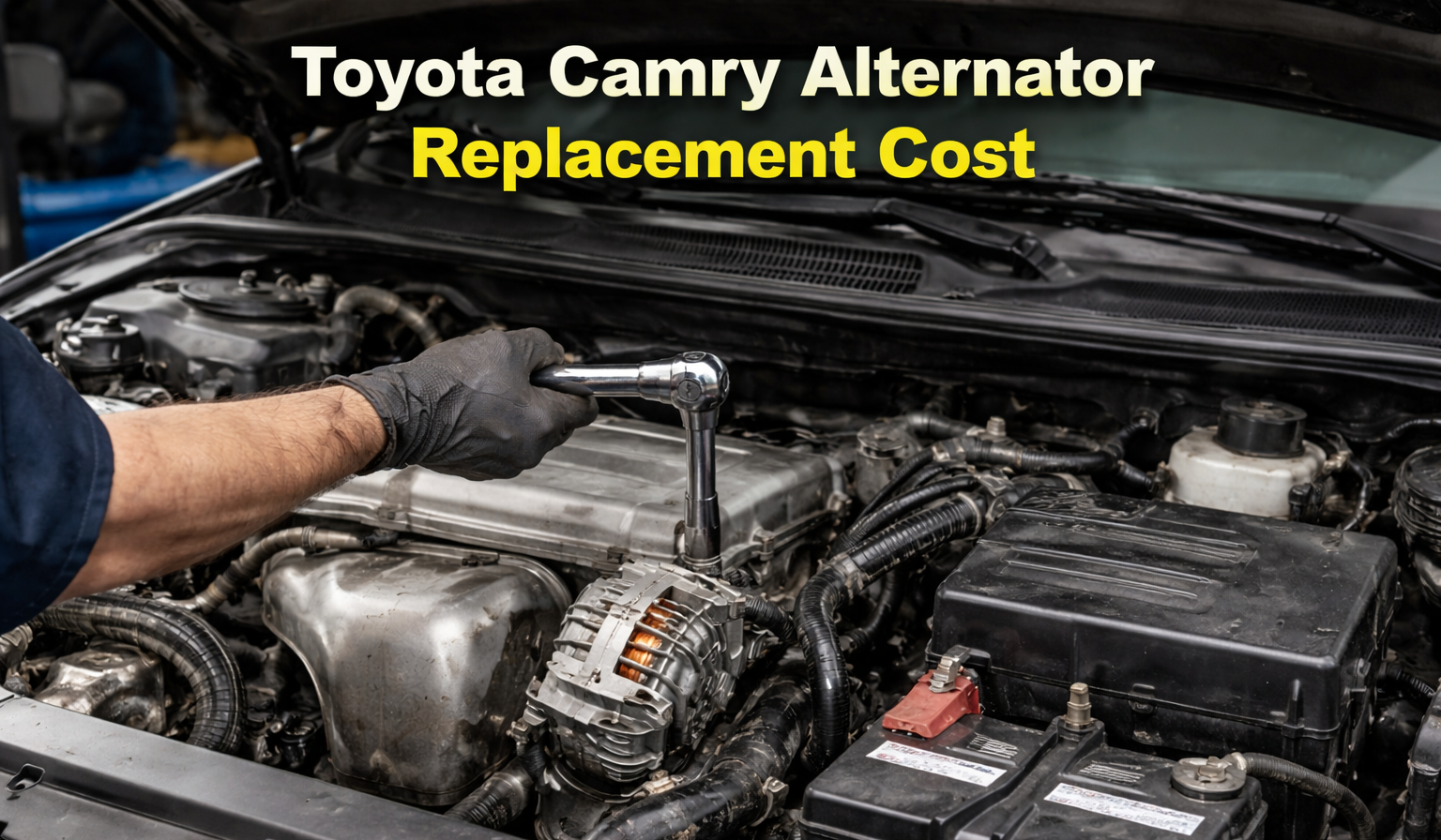 Toyota Camry alternator replacement cost shown during real mechanic repair in engine bay with visible alternator and tools in use