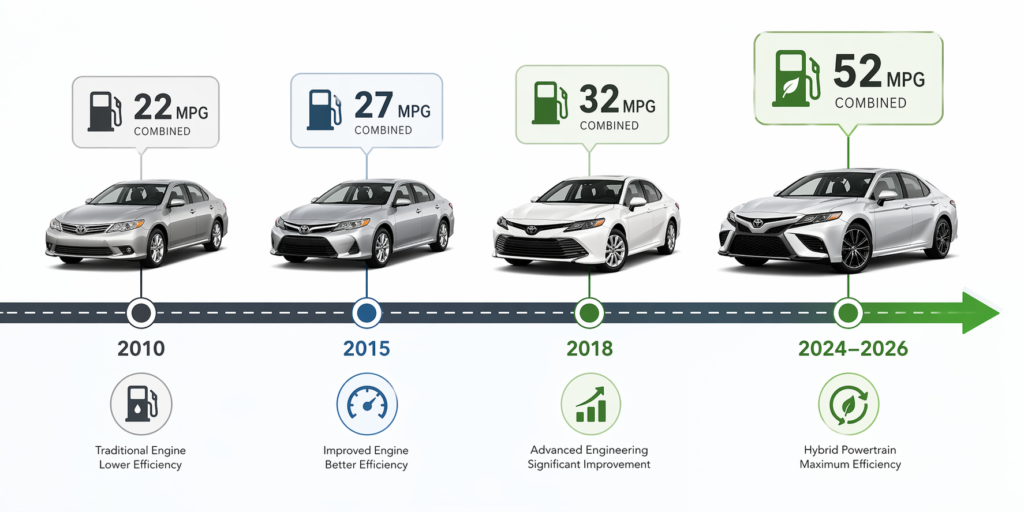 Toyota Camry gas mileage timeline showing MPG improvement from 2010 to 2026 with hybrid peak and fuel efficiency progression