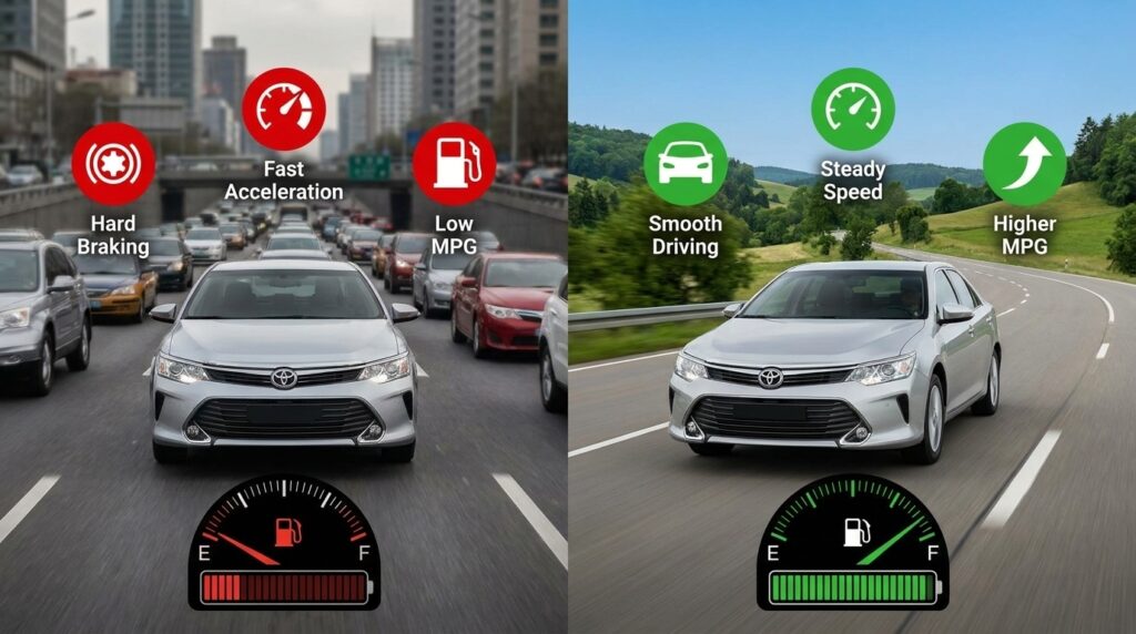 Toyota Camry mileage comparison showing bad vs good driving habits with low MPG vs high MPG and fuel efficiency improvement tips