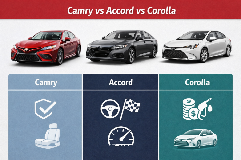 Camry vs Accord vs Corolla comparison infographic showing reliability comfort sporty performance and budget efficiency icons clearly
