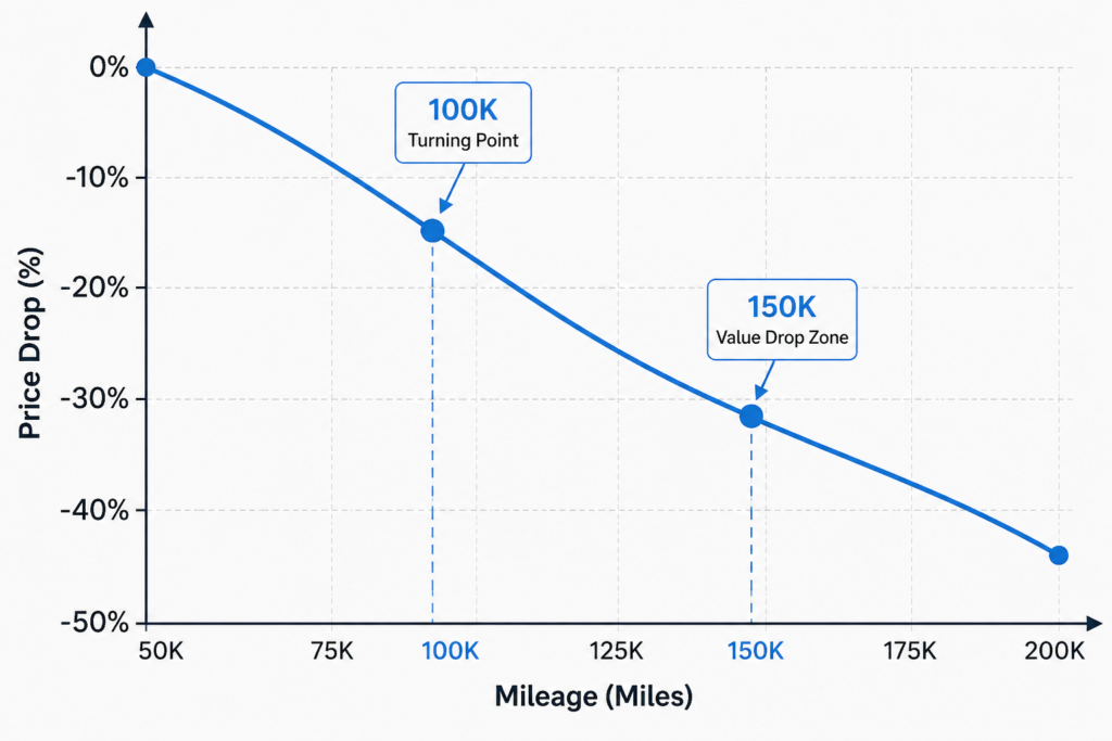 Toyota Camry mileage impact on price graph showing value drop from 50K to 200K miles with key 100K and 150K price drop points.