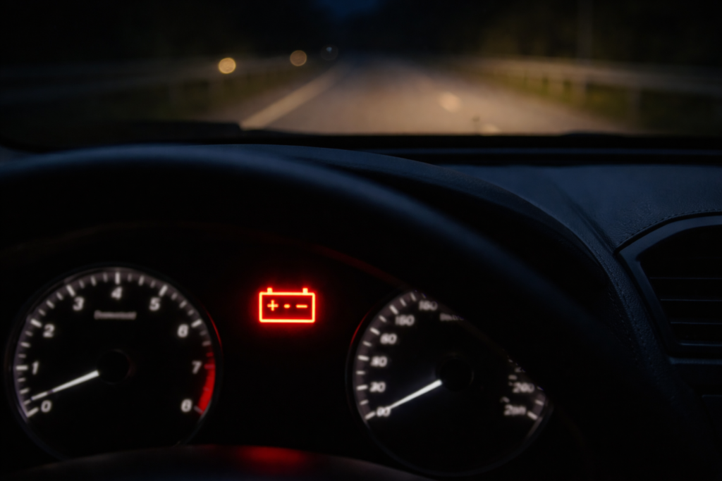 Toyota Camry alternator replacement cost warning sign with battery light glowing on dashboard while driving at night
