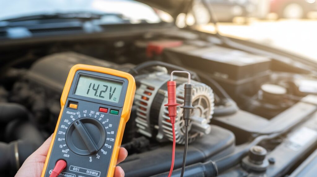 Toyota Camry alternator replacement cost diagnosis using multimeter showing 14.2V reading with alternator visible in engine bay