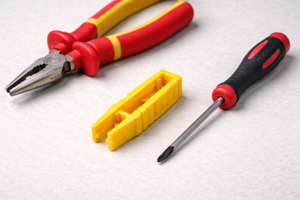 What tools are safe for removing a stuck fuse? Fuse puller, insulated pliers, and screwdriver on clean surface setup
