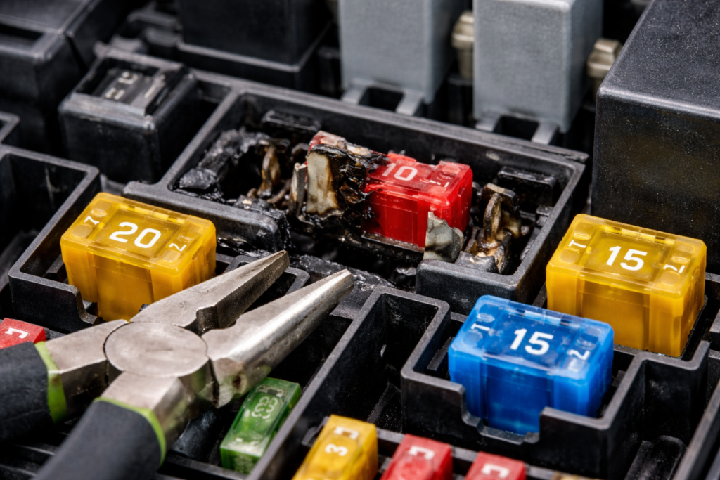 When should you stop and avoid removing the fuse? Broken fuse stuck in cracked fuse box slot with pliers showing damage risk clearly
