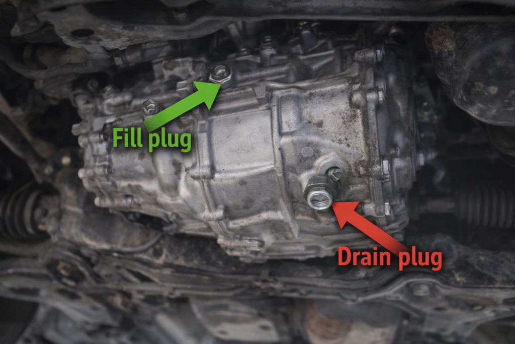 What Are The Honda Accord Trim Levels? 2012 Camry underside view showing transmission fill plug and drain plug with arrows and realistic detail