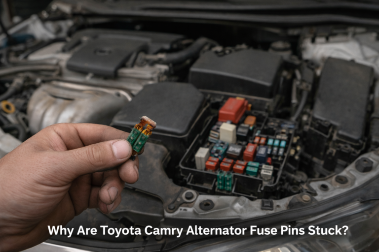 Close-up of engine bay showing melted fuse; explains why Toyota Camry alternator fuse pins stuck during electrical fault diagnosis