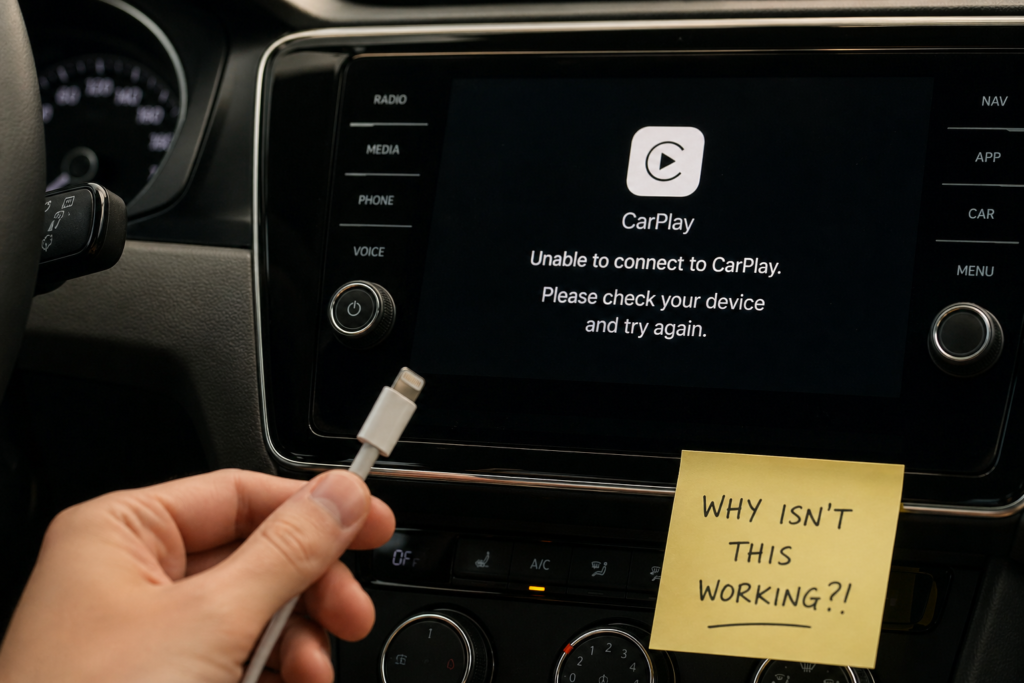 Close-up of USB cable and car screen showing error message, illustrating Why Is Apple CarPlay Not Working issue in real scenario