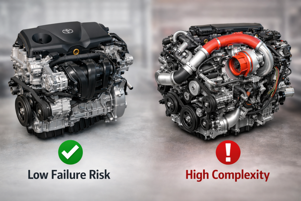 Toyota Camry engine reliability comparison showing simple low failure risk engine versus complex turbo engine design risk difference
