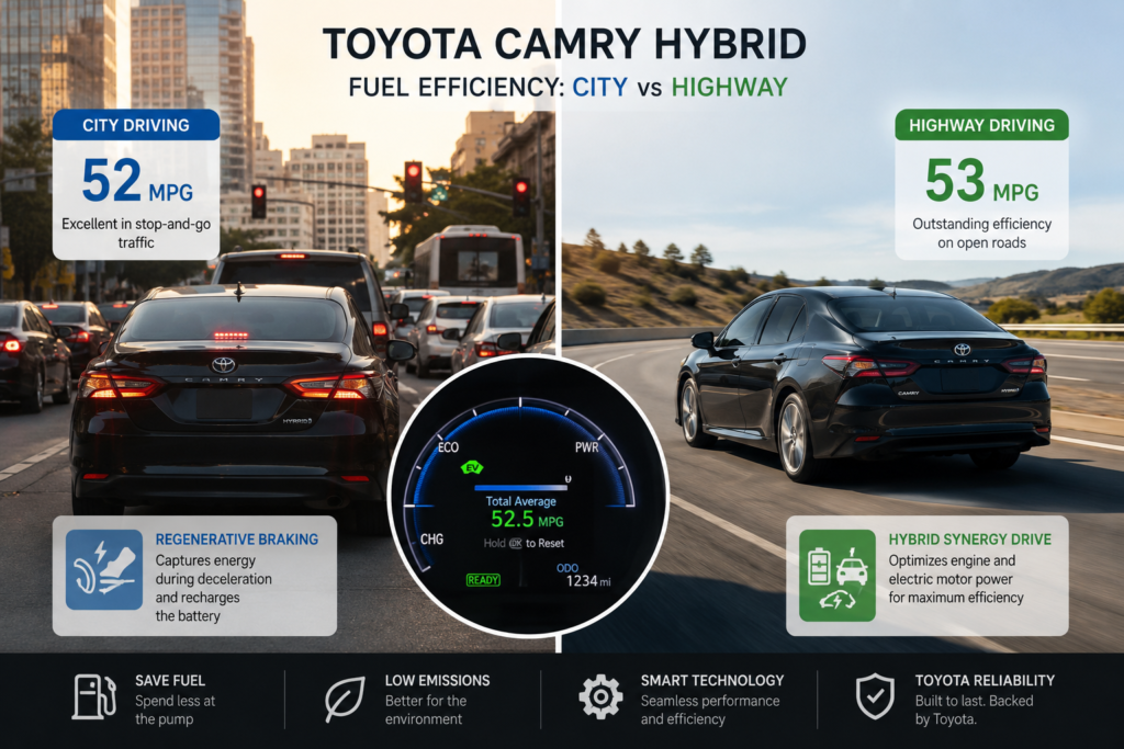 Toyota Camry Hybrid fuel efficiency comparison showing city traffic versus highway driving with regenerative braking and MPG improvement