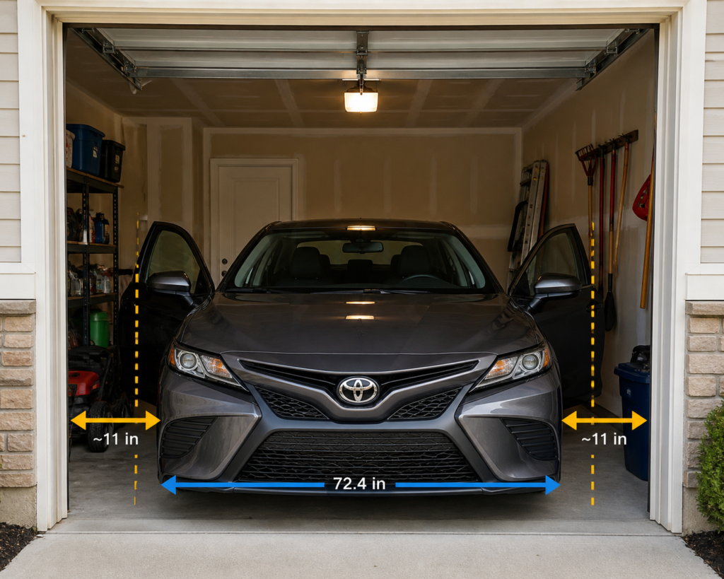 Toyota Camry parked in a standard garage with side clearance gaps, width arrows, and slightly open doors showing limited space for parking