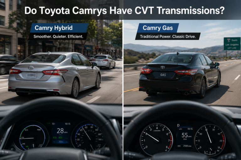 Silver Toyota Camry Hybrid and gas Camry driving side by side showing how Toyota Camrys have CVT transmissions in real use.