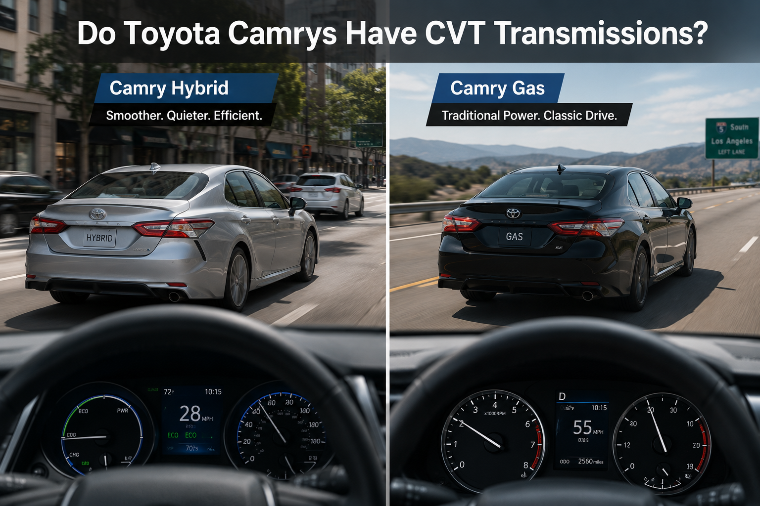 Silver Toyota Camry Hybrid and gas Camry driving side by side showing how Toyota Camrys have CVT transmissions in real use.