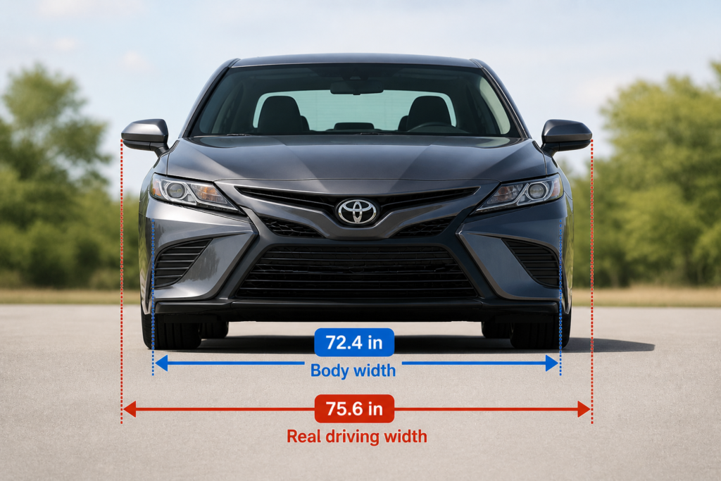 Front view of Toyota Camry showing body width vs mirror width with arrows, explaining does Camry width include mirrors clearly