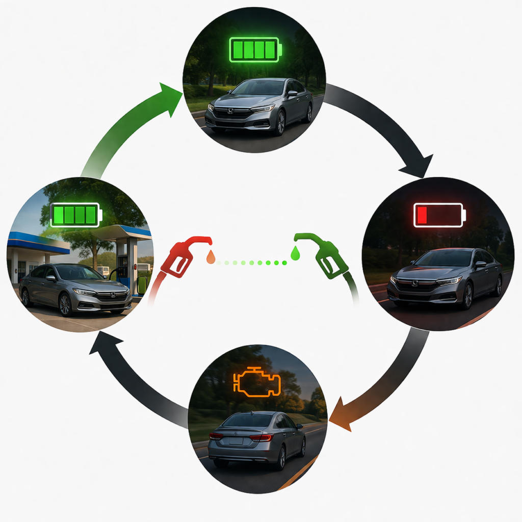 Hybrid EV mode cycle showing battery drain, engine activation, and fuel recharge loop explaining EV inefficiency clearly!