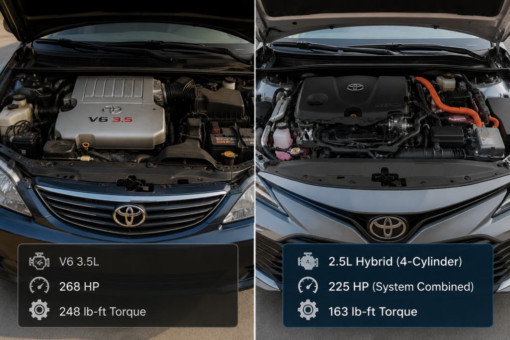 What Engine Does a Toyota Camry Have? Split view comparing older Camry V6 engine and newer 4-cylinder hybrid setup.