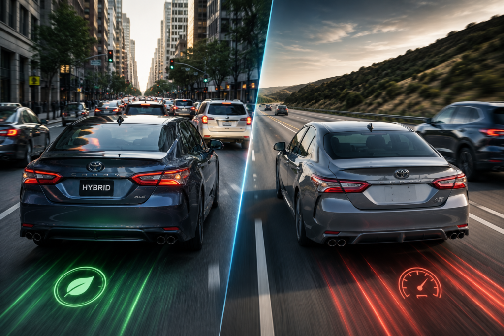 Toyota Camry hybrid in city traffic and V6 highway driving comparison showing smoothness and acceleration feel