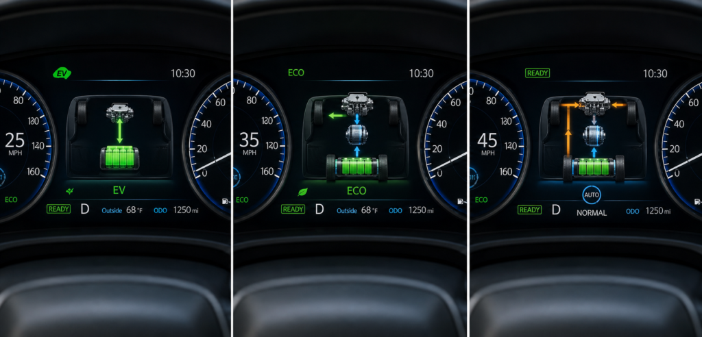 Toyota Camry dashboard showing EV, Eco, and Normal hybrid modes side by side with battery, leaf, and power flow indicators
