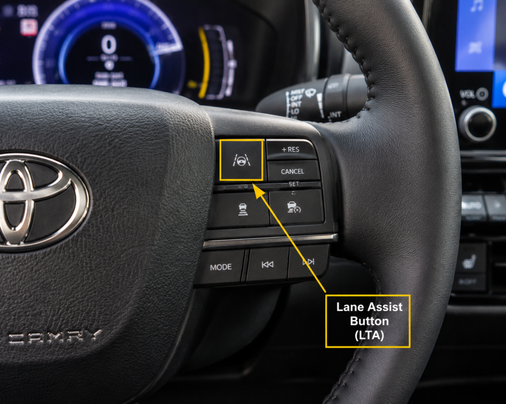 Close-up of Toyota Camry steering wheel with highlighted lane assist button and clear driver control visibility.