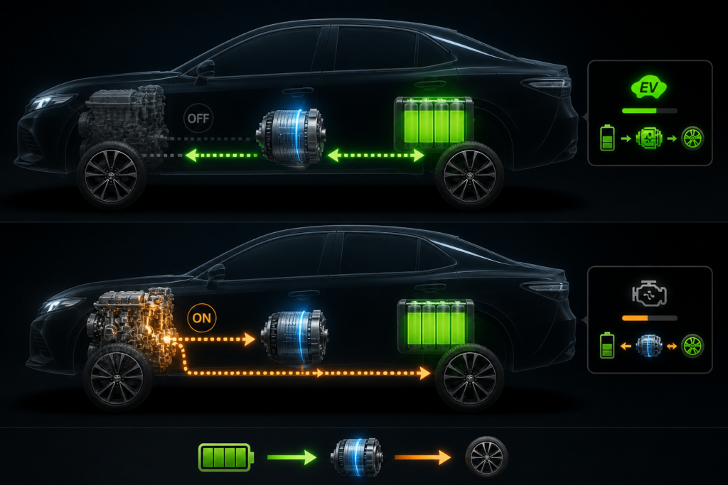 Hybrid power flow diagram showing battery to motor to wheels with engine switching on and off, explaining Toyota Camry hybrid system operation
