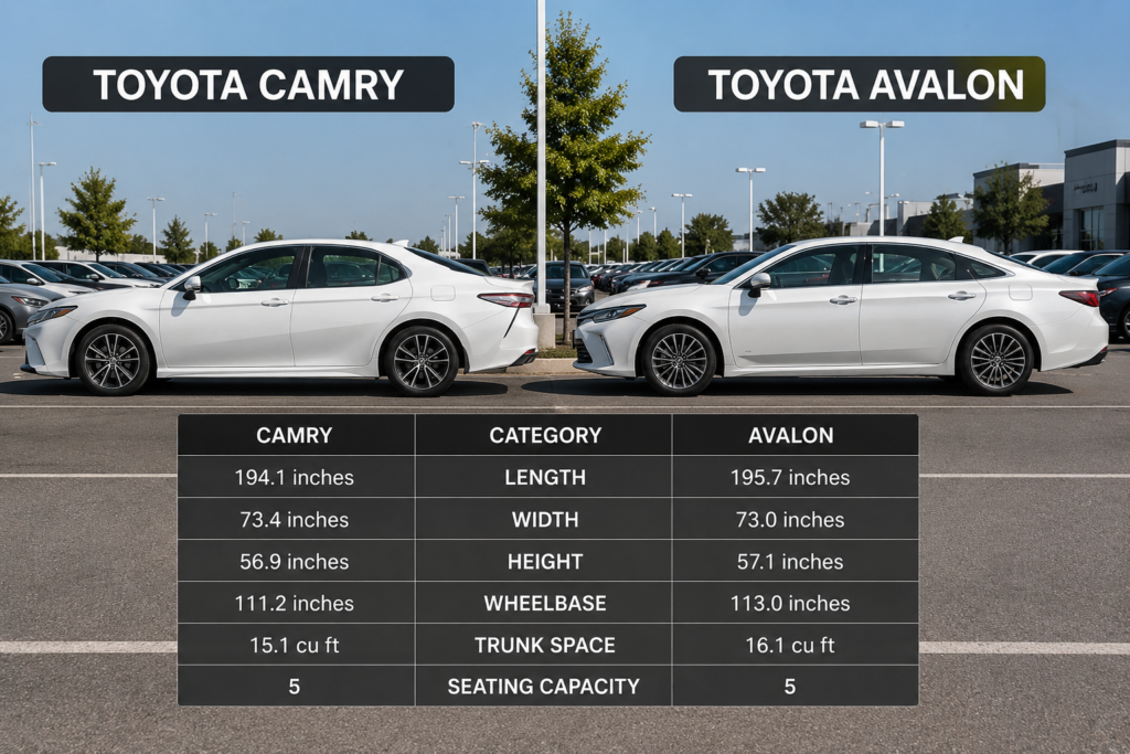 Toyota Camry vs Toyota Avalon comparison showing size, space, and features to explain how the Camry compares to Avalon.