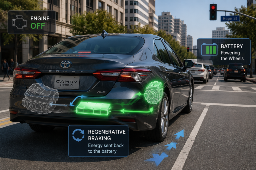How Does the Camry Hybrid Engine Work? Toyota Camry Hybrid using battery power at stoplight with regen braking flow.