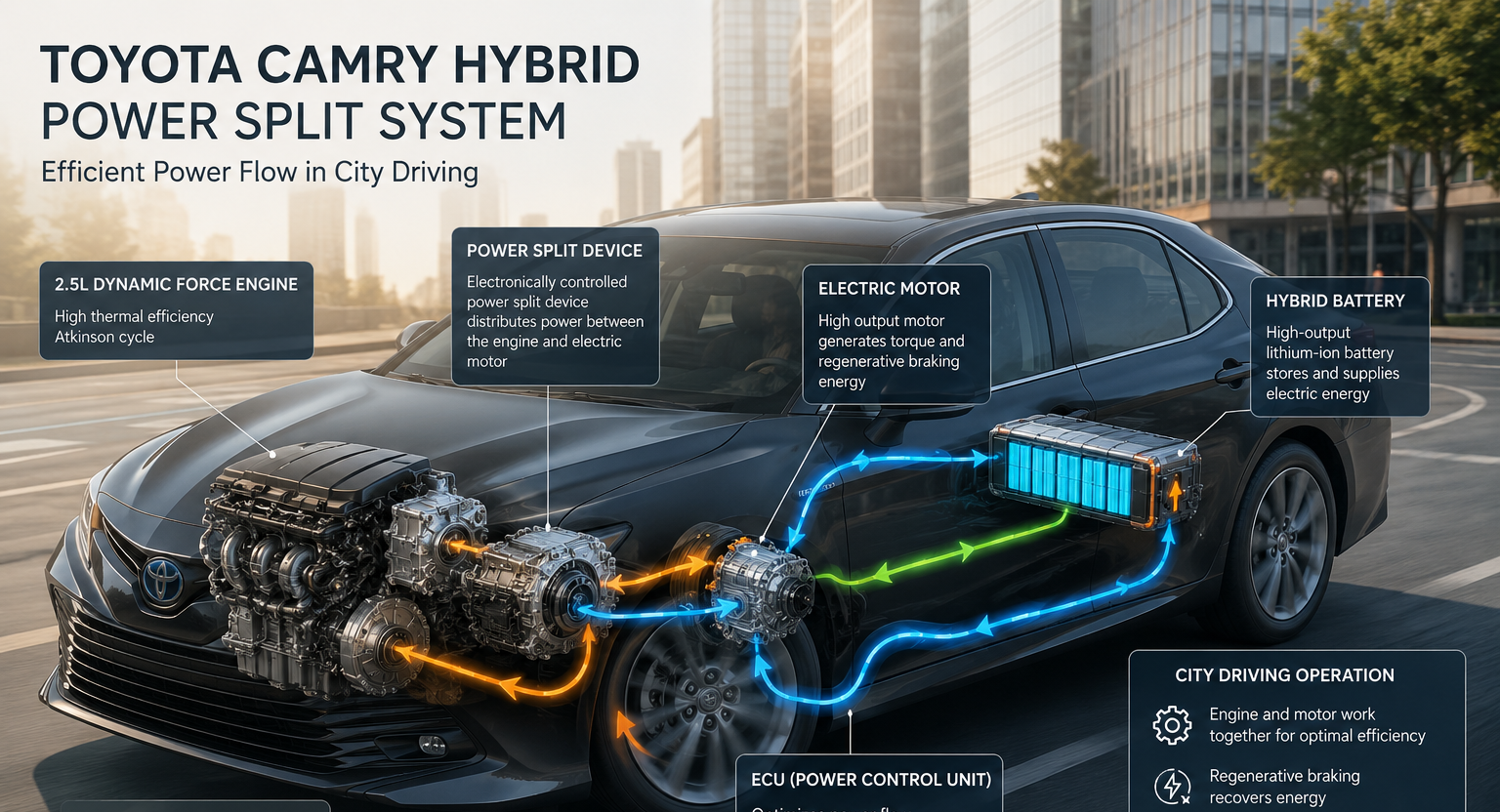 Toyota Camry Hybrid system diagram showing engine electric motor and battery energy flow in real driving conditions