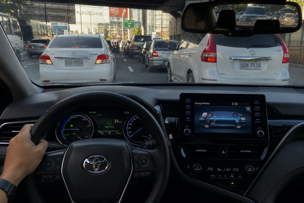 Toyota Camry Hybrid in city traffic showing EV mode switching to engine mode during stop and go driving conditions