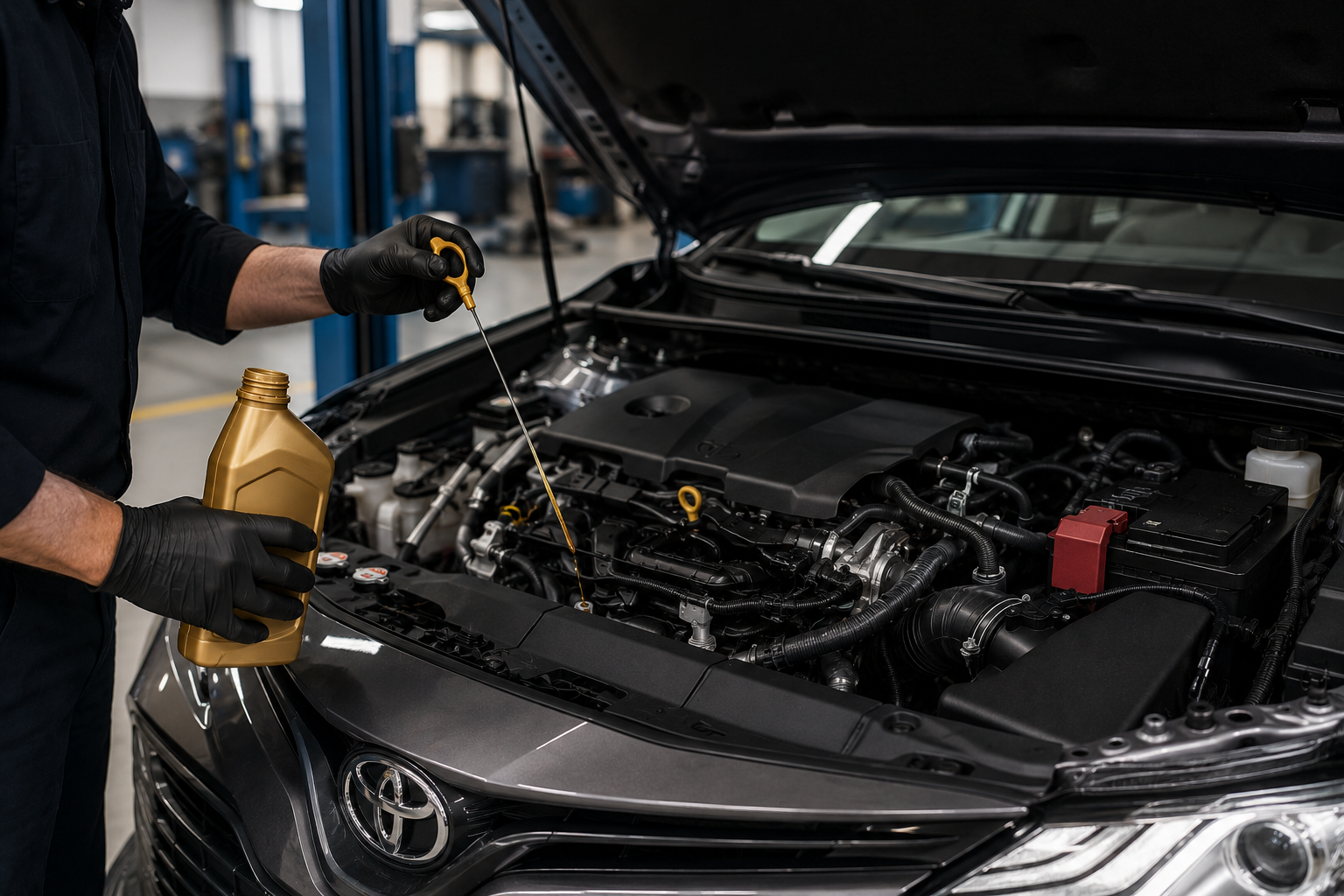 Toyota Camry engine oil check using dipstick in workshop showing proper oil level inspection and maintenance process