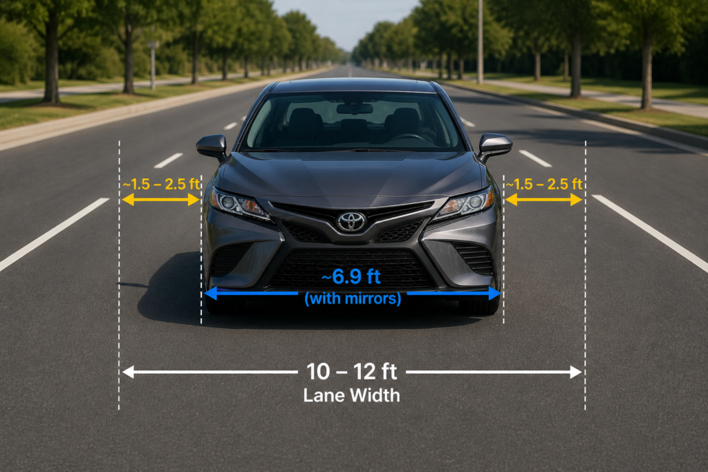 Toyota Camry centered in lane showing how much space does a Camry need on the road with lane width, car width, and side gaps marked