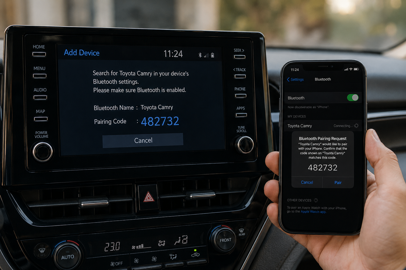 How to Connect Bluetooth to a Toyota Camry shown on infotainment screen with smartphone pairing code setup process