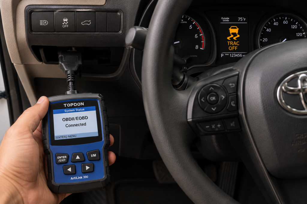 OBD-II scanner connected inside Toyota Camry dashboard while fixing traction control warning light and system errors safely
