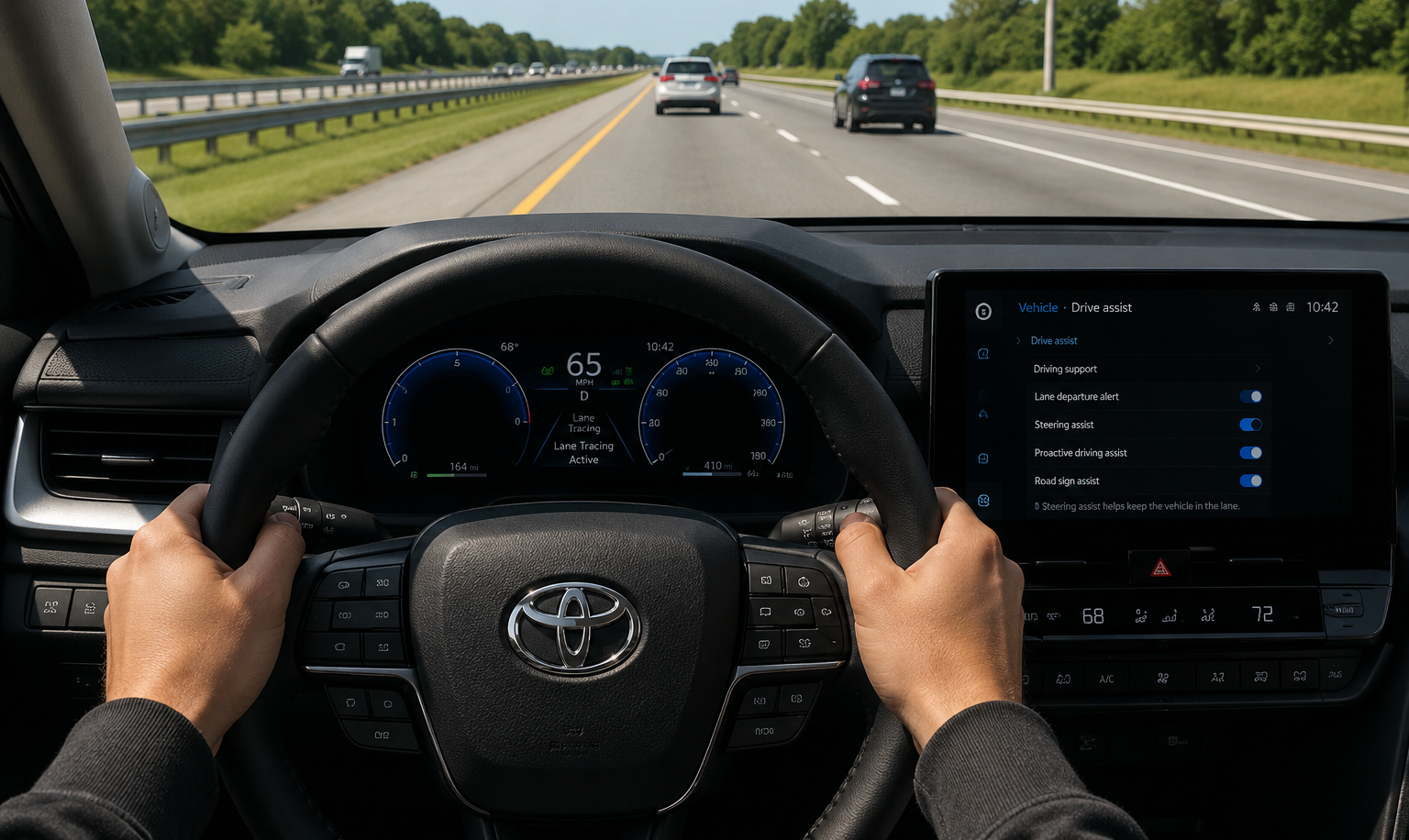 2025 Toyota Camry highway driving with lane assist active, visible steering wheel, clear road lane markings, and smooth highway view.