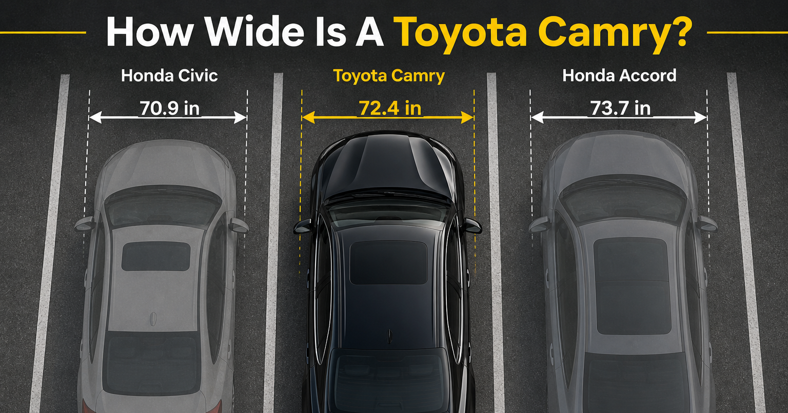 Top view showing How Wide Is A Toyota Camry? with width arrows, compared to Civic and Accord, aligned within road lane markings